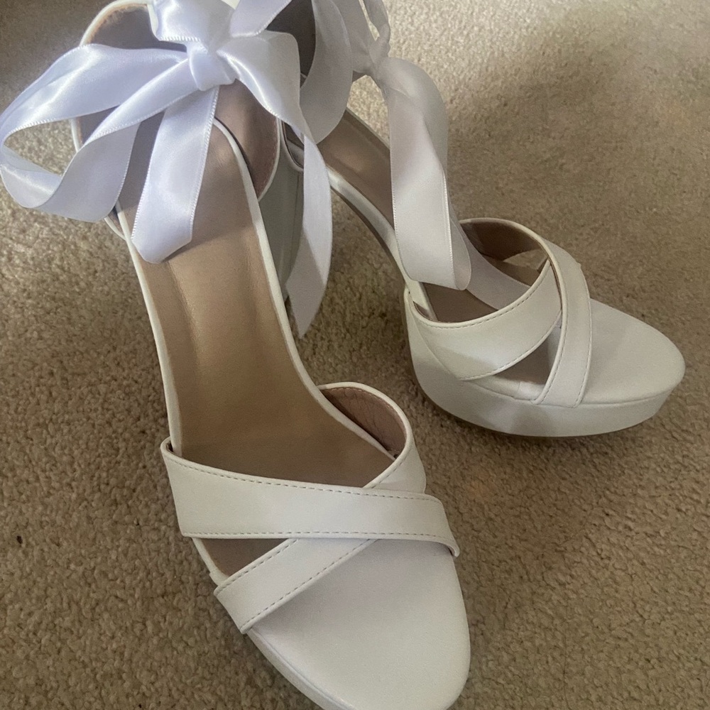White Satin Platform Heels w/ Ribbon Bow